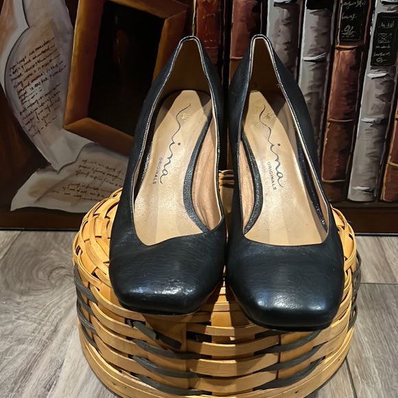 Nina Black Leather silver Detail Block Heel Shoes Size 9.5 - Picture 7 of 8